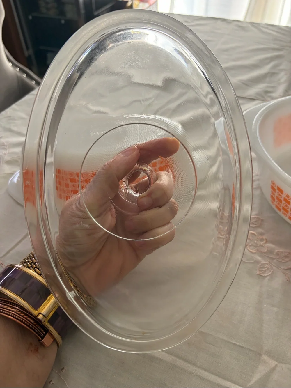Glassbake White Casserole and Mixing Bowl Set with Orange Geometric Pattern